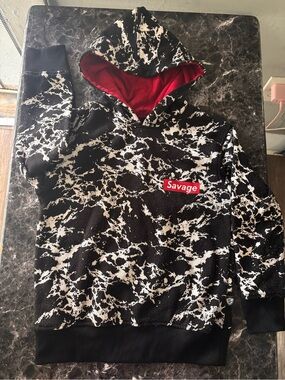 Savage Black & White Marble Kids Hoodie with Red Lining